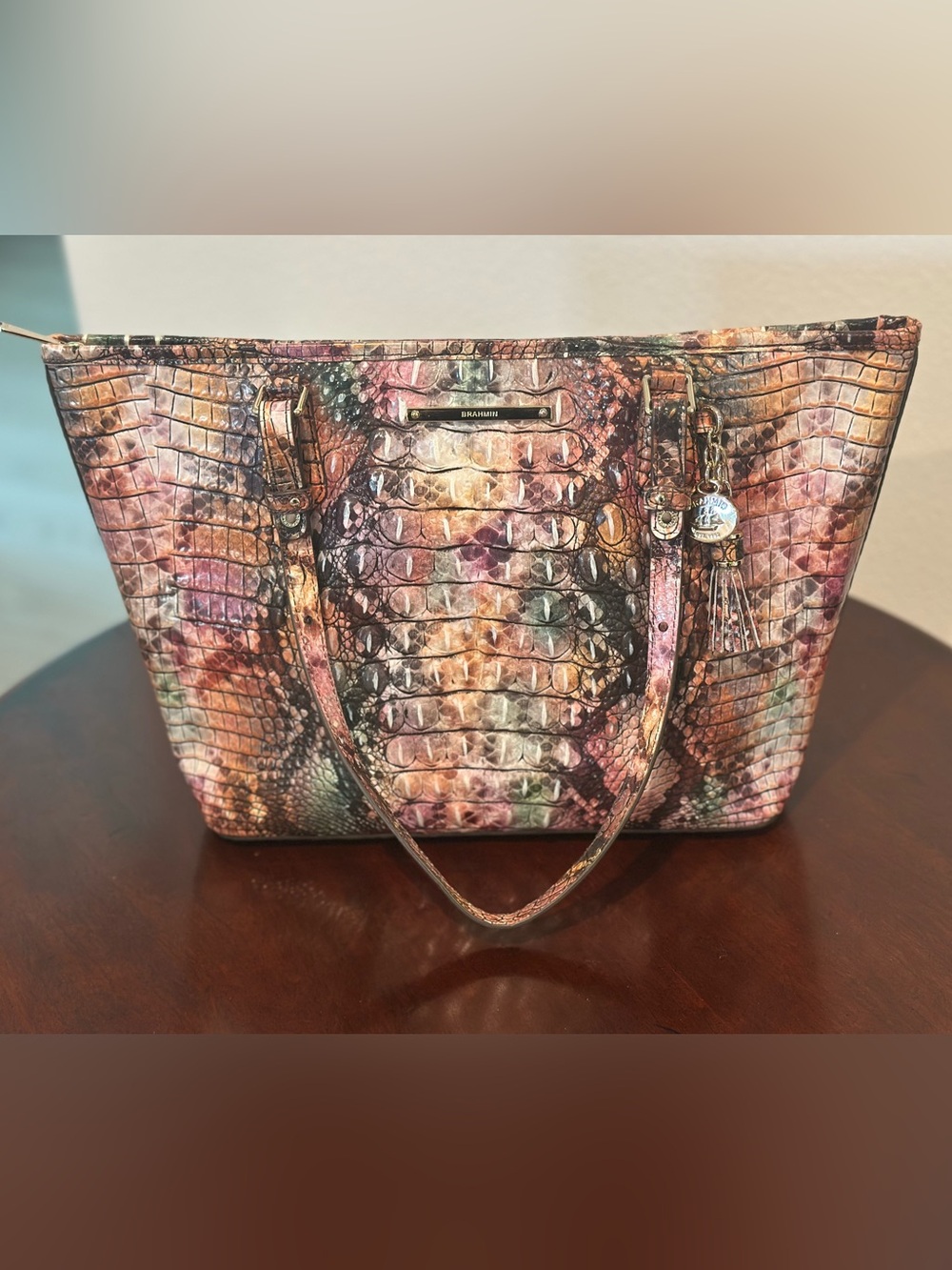 Brahmin Multicolor Croc-Embossed Leather Tote in Pink, Brown & Green